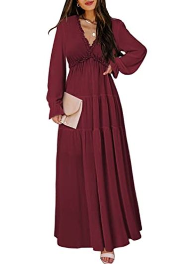 BLENCOT Boho V-Neck Long Sleeve Maxi Dress, Wine Red