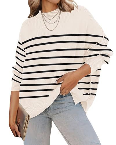 ZESICA Oversized Ribbed Knit Pullover Sweater, Apricot Stripe