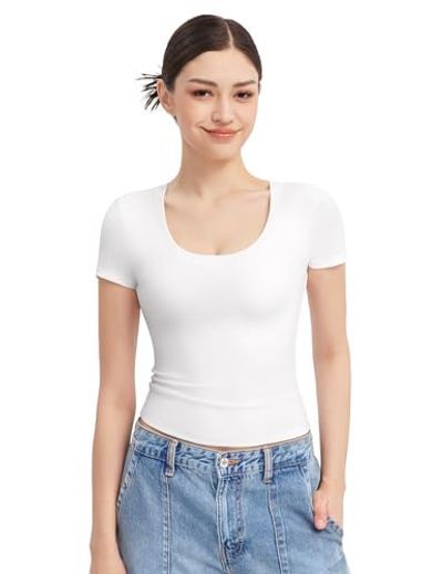 PUMIEY Scoop-Neck Short-Sleeve Slim-Fit Crop Top