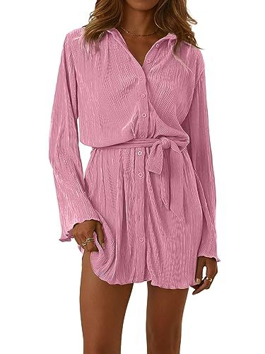 LYANER Pleated Button-Down Shirt Dress with Belt