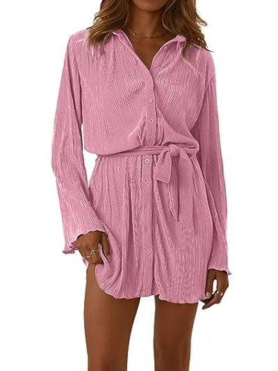 LYANER Pleated Button-Down Shirt Dress with Belt
