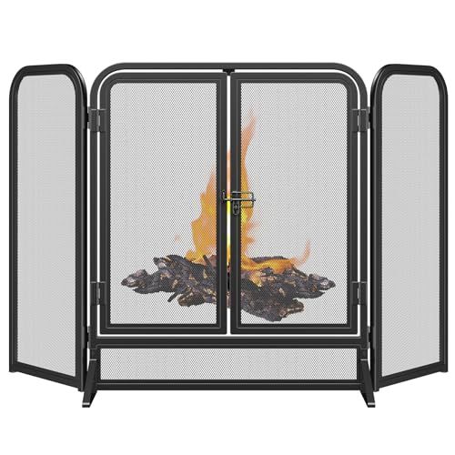 Mr IRONSTONE 3-Panel Foldable Fireplace Screen, Black