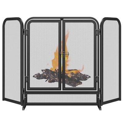 Mr IRONSTONE 3-Panel Foldable Fireplace Screen, Black