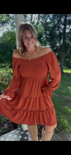 AUMORA Off Shoulder Long Sleeve Smocked Mini Dress