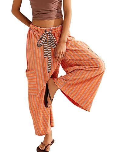 Bankeng Women's Drawstring Striped Wide Leg Lounge Pants