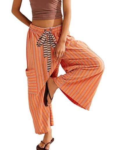 Bankeng Women's Drawstring Striped Wide Leg Lounge Pants