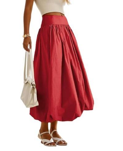 NUFIWI Women Y2k Bubble Maxi Skirt Low Elastic Waist A Line Long Skirt Summer Casual Ruffle Pleated Midi Dress(D Red 09,X-Large)