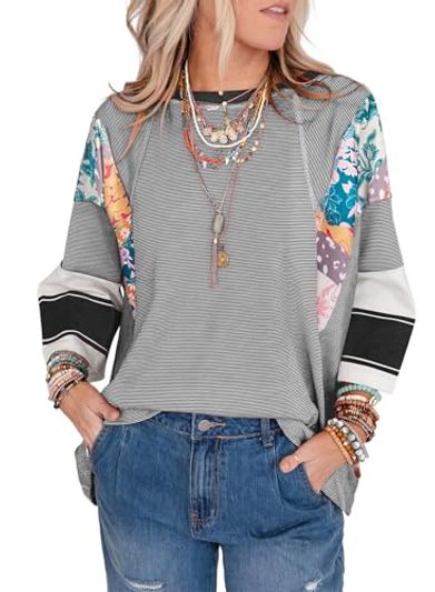 EVALESS Boho 3/4-Sleeve Oversized Patchwork Blouse