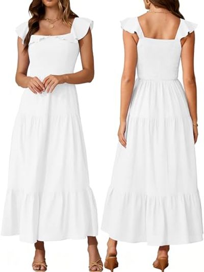 AUMORA Smocked Square-Neck Boho Maxi Sundress