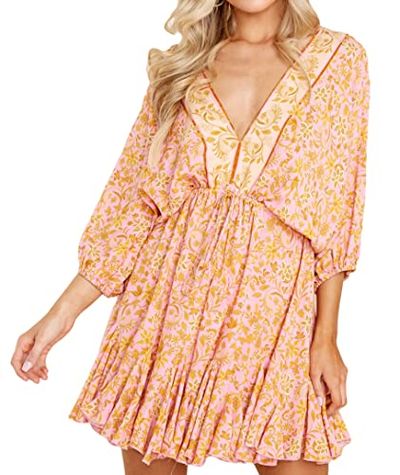 R.Vivimos Floral V-Neck Boho Swing Mini Dress
