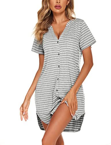 Ekouaer Knee-Length Button Nightshirt Nightgown