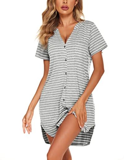 Ekouaer Knee-Length Button Nightshirt Nightgown
