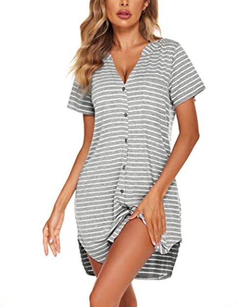 Ekouaer Knee-Length Button Nightshirt Nightgown