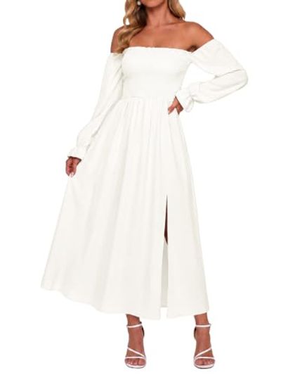 AUMORA Off-Shoulder Long Sleeve Boho Maxi Dress, White