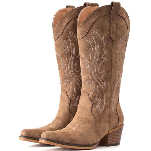 IUV Women's Western Cowgirl Boots, Mid Calf Snip Toe