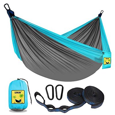 SZHLUX Double Camping Hammock with Tree Straps and Carry Bag, Light Grey / Sky Blue