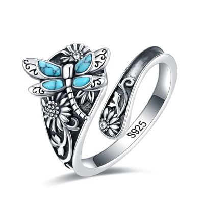 EJALEN Sterling Silver Dragonfly Turquoise Spoon Ring