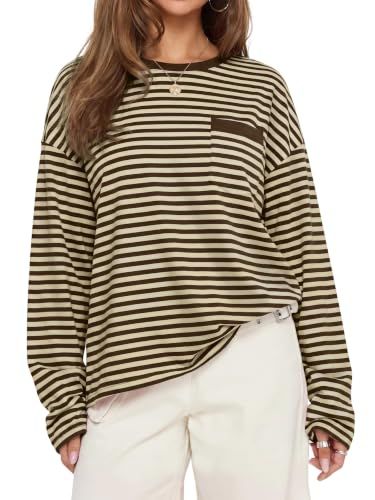 AUMORA Women's Oversized Striped Long Sleeve Crew Neck T-Shirt, Brown