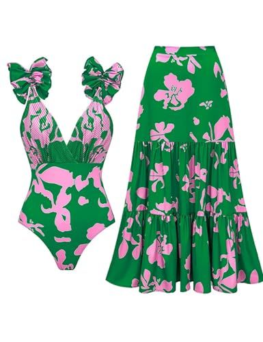 FLAXMAKER Ruffle One-Piece Swimsuit with Skirt/Sarong