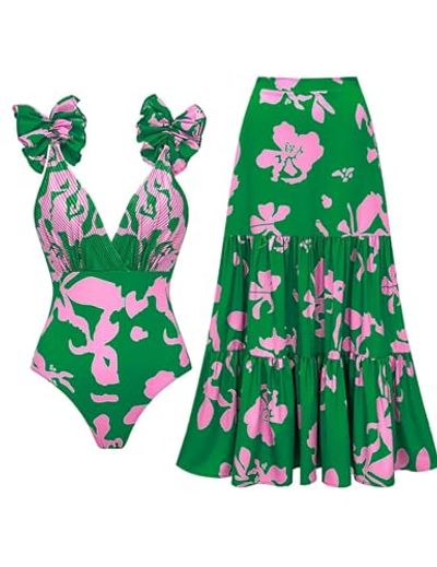 FLAXMAKER Ruffle One-Piece Swimsuit with Skirt/Sarong