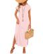 AUSELILY Wrinkle-Free Maxi Sundress Short Sleeve Light Pink