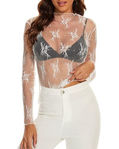 AILBBE Mesh Mock Neck Floral Embroidery Layering Top, White