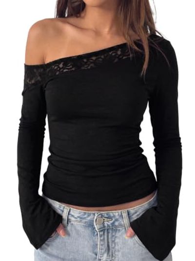 AUMORA Lace Off Shoulder Long Sleeve Top