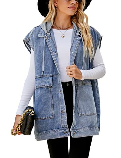 Zontroldy Oversized Hooded Denim Vest, Blue
