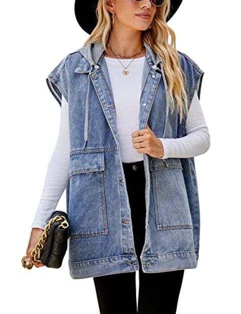 Zontroldy Oversized Hooded Denim Vest, Blue