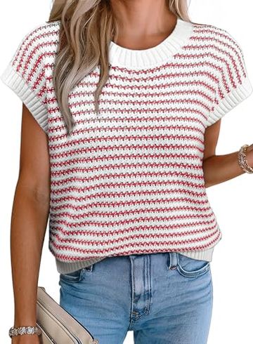 EVALESS Women's Casual Striped Round Neck Sweater Vest Drop Shoulder Short Sleeve Loose Fit Knitted Plus Size Pullover Tops Red X-Large