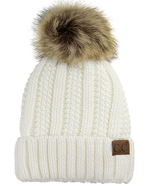 C.C Cable Knit Faux Fur Pom Beanie, Ivory