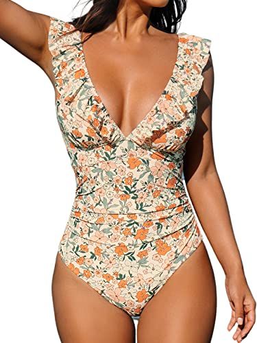 CUPSHE Deep V Ruffle Tummy-Control One-Piece Swimsuit, Floral