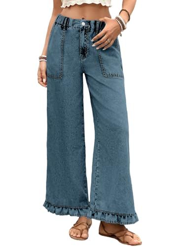 Astylish Women's Wide Leg High Waisted Ruffle Hem Jeans, Teal Blue, Size 10
