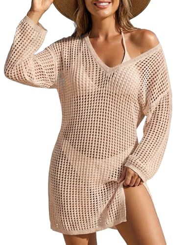 SOCIALA Crochet Swimsuit Cover Up Long Sleeve Dress