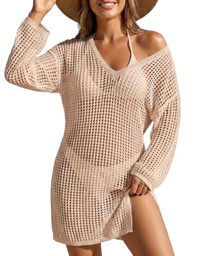 SOCIALA Crochet Swimsuit Cover Up Long Sleeve Dress