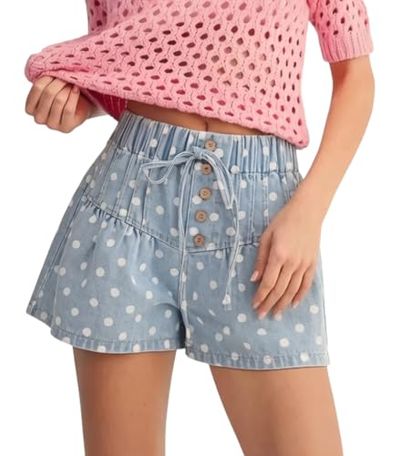 chouyatou Women's Polka Dot High Waisted Denim Shorts, Light Blue, X-Large