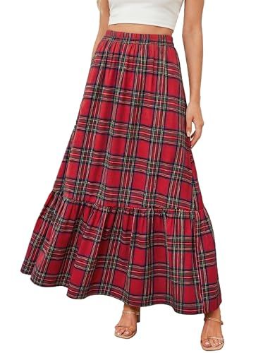 CUPSHE Red Plaid Ruffled High-Rise Maxi Skirt