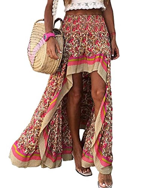 BTFBM Boho Floral Ruffle High-Low Maxi Skirt