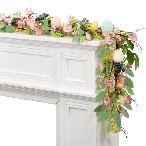 Amazqi 6ft Lighted Easter Garland with Artificial Eggs and Pip Berries