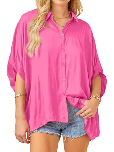 Imily Bela Oversized Silky Dolman Button-Down Blouse