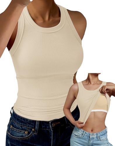 GKBK High Neck Ribbed Tank Top Built-in Bra Racerback
