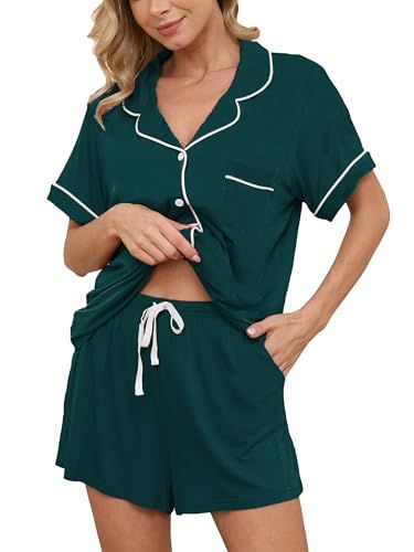 FENNAT 2-Piece Button-Down Pajama Set with Shorts, Green
