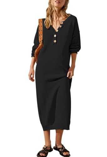 Cutiefox Waffle Knit Sweater Dress, V-Neck Batwing, Black