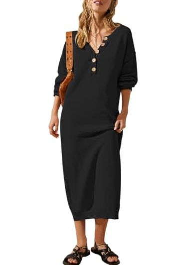 Cutiefox Waffle Knit Sweater Dress, V-Neck Batwing, Black