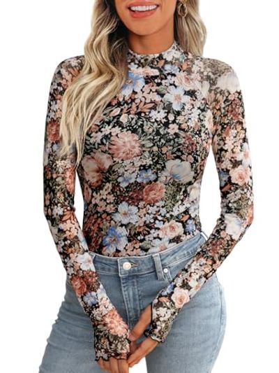 Dealmore Lace Floral Mesh Mockneck Top, Going-Out