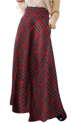 XQR Vintage Plaid High-Waist Pleated Maxi Skirt