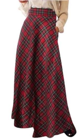 XQR Vintage Plaid High-Waist Pleated Maxi Skirt