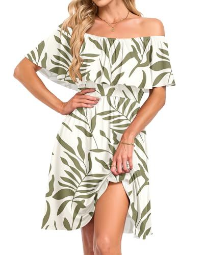 AUSELILY Off-Shoulder Floral Dress Palm Print with Pockets