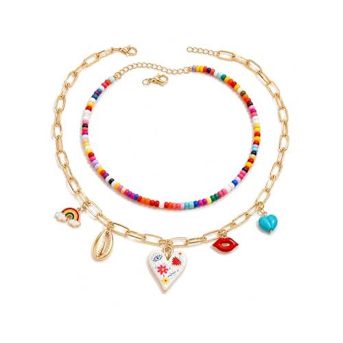 DIOWUS Layered Necklaces For Women, Boho Colorful Beaded Rainbow Shell Turquoise Evil Eye Heart Pendant Necklace Dainty Statement Summer Jewelry Gifts (Layered Evil Eye)