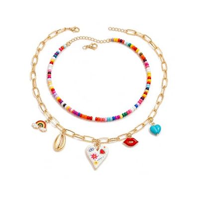 DIOWUS Layered Necklaces For Women, Boho Colorful Beaded Rainbow Shell Turquoise Evil Eye Heart Pendant Necklace Dainty Statement Summer Jewelry Gifts (Layered Evil Eye)